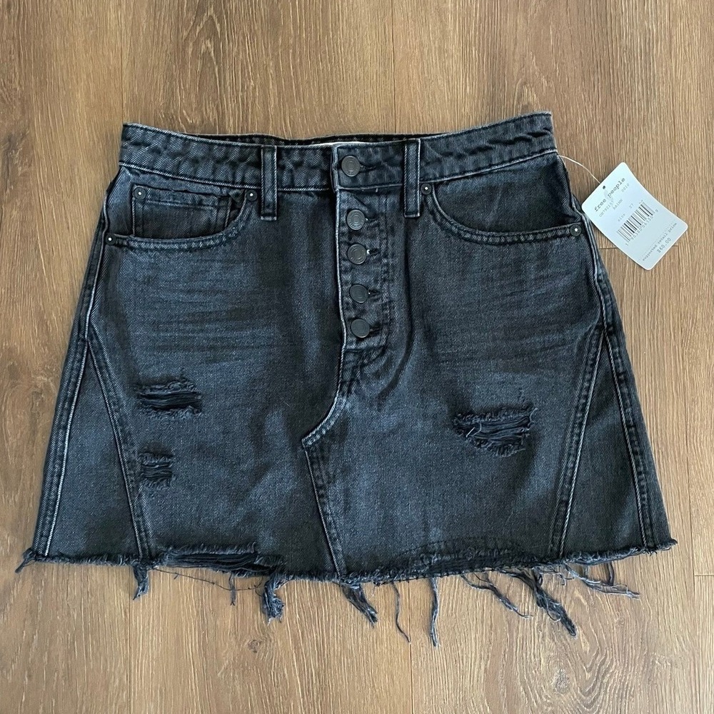 NEW Free People Size 27‎ Denim Mini Skirt Distressed Black Wash Button Front